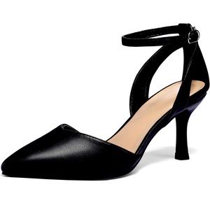 Mysoft Women's Pumps Shoes Pointed Toe Low Heels w Ankle Strap Black size 7.5